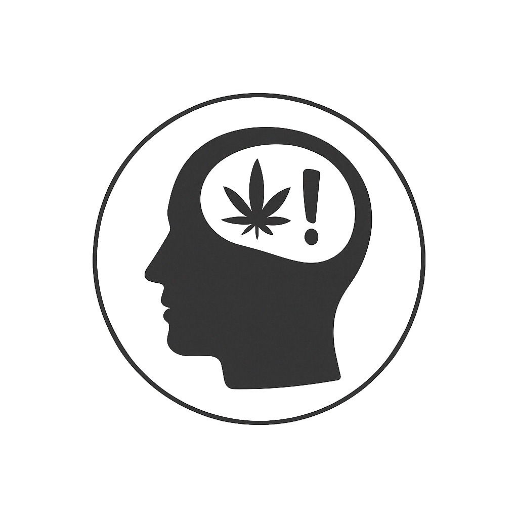 Stilisiertes Kopf-Icon mit Cannabisblatt und Ausrufezeichen – Symbol für Suchtprävention